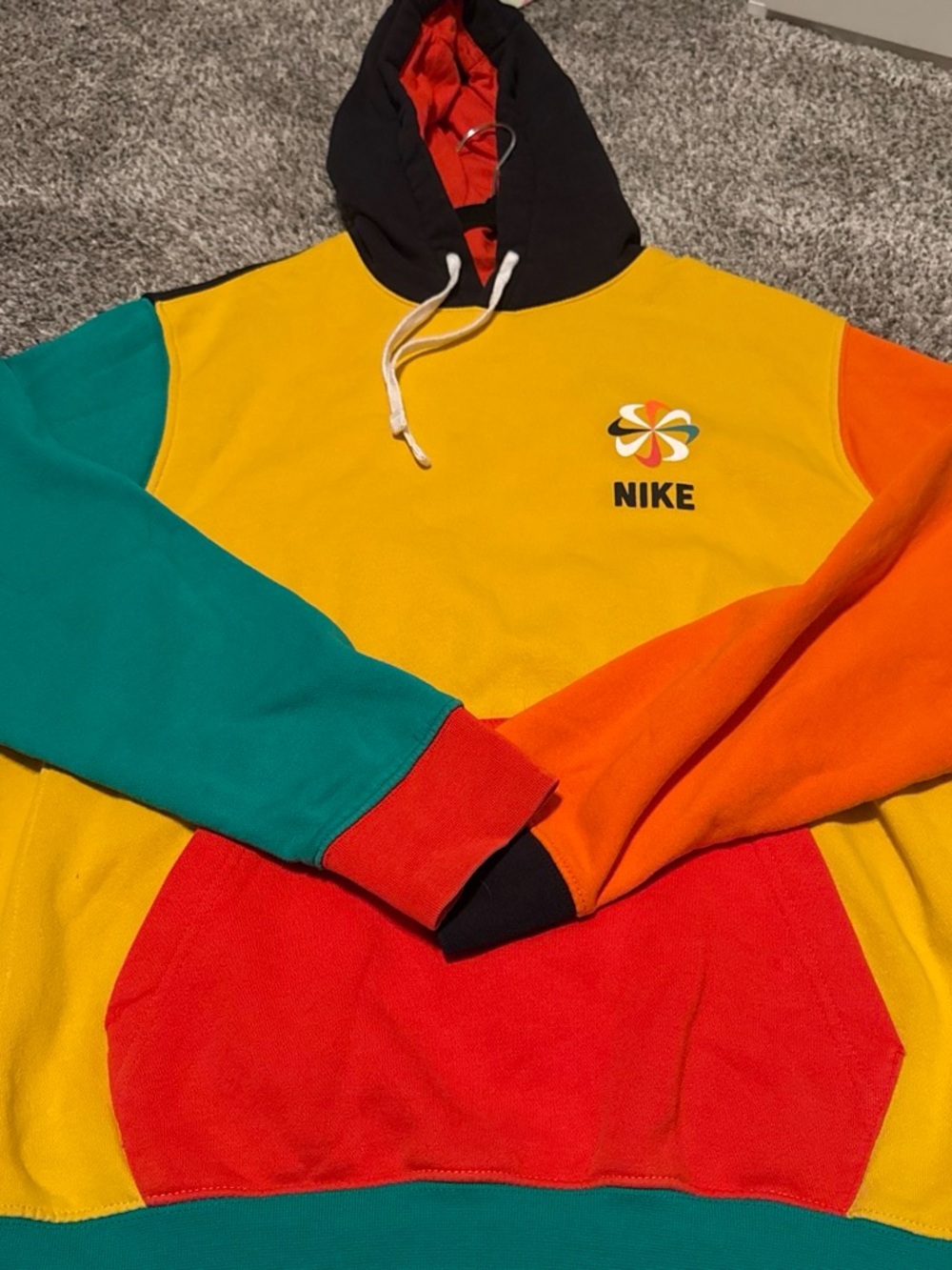 Nike Colorblock Crewneck Hoodie in Yellow, Teal, Orange, Red & Black